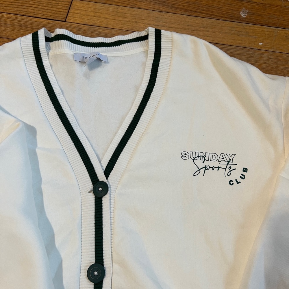 Sunday sports club new cardigan, green border. Adorable!